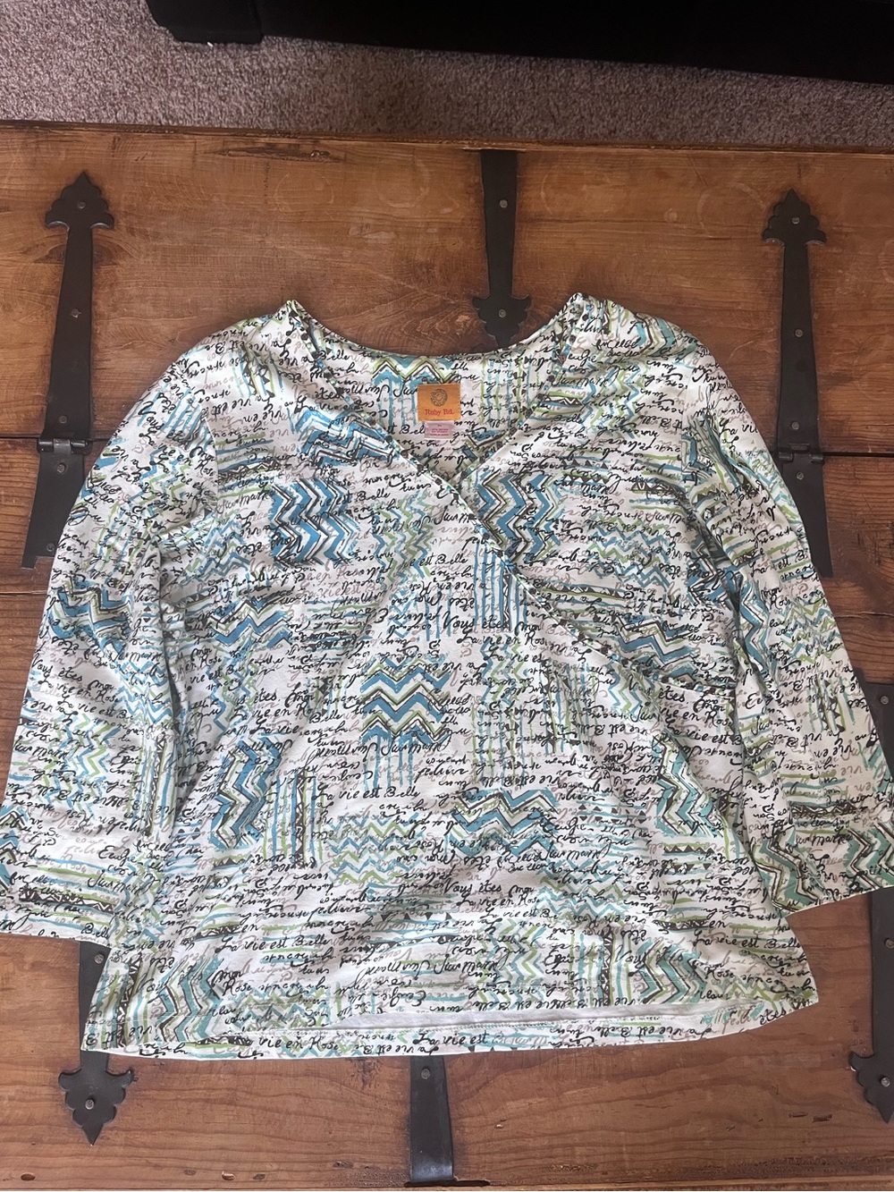 Ruby Rd. Patterned V-Neck Blouse in Teal, Cream and Black